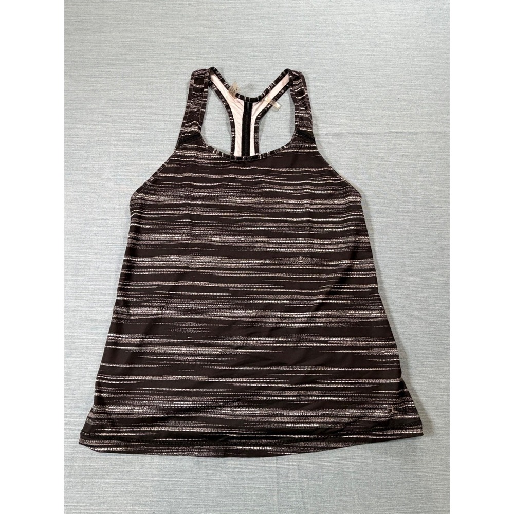 Danskin Now Womens Black White Striped Racerback Tank Built-in Bra Small 4-6